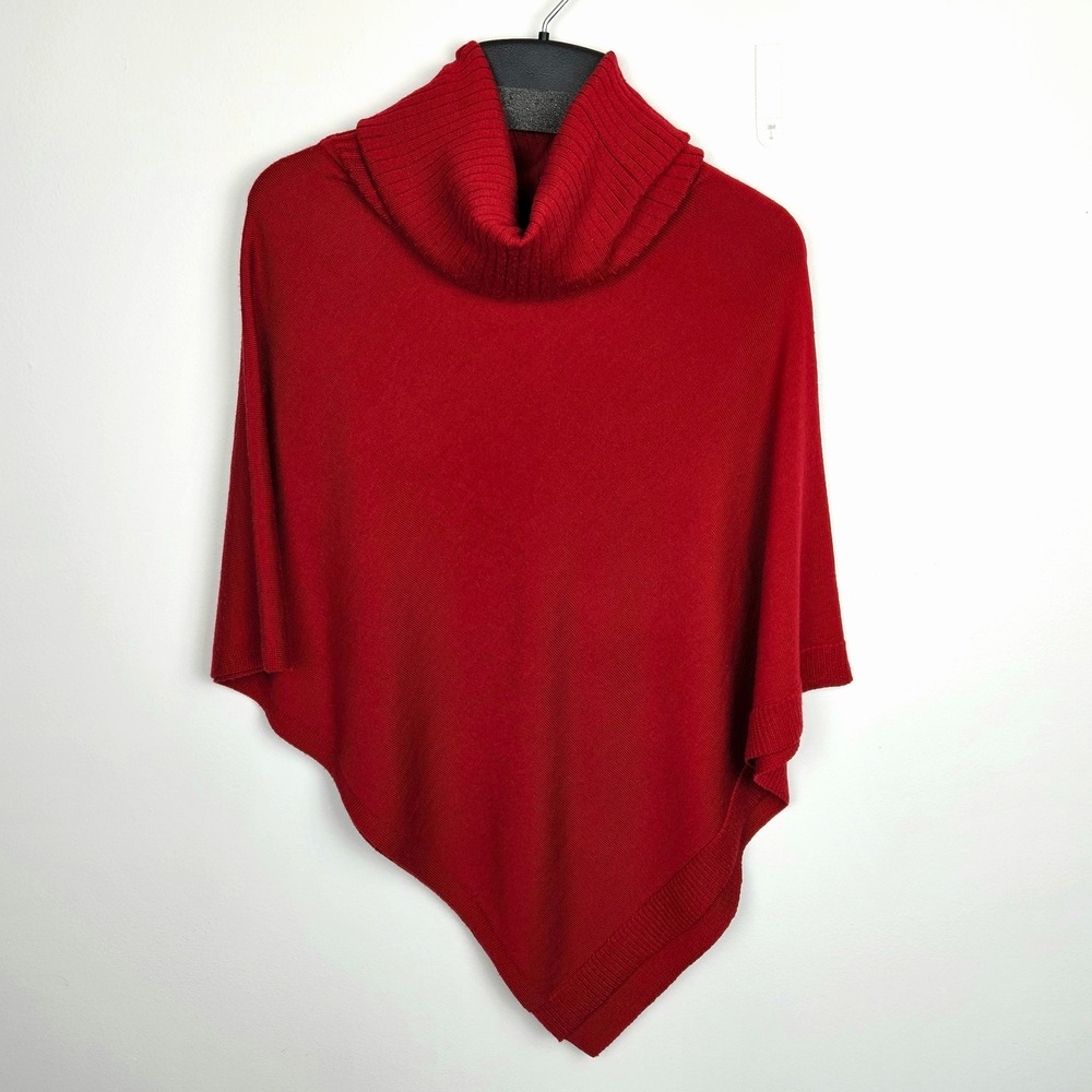 Eileen Fisher Red Poncho ONE SIZE Knit 100% Merino Wool Asymmetrical Cowl Neck